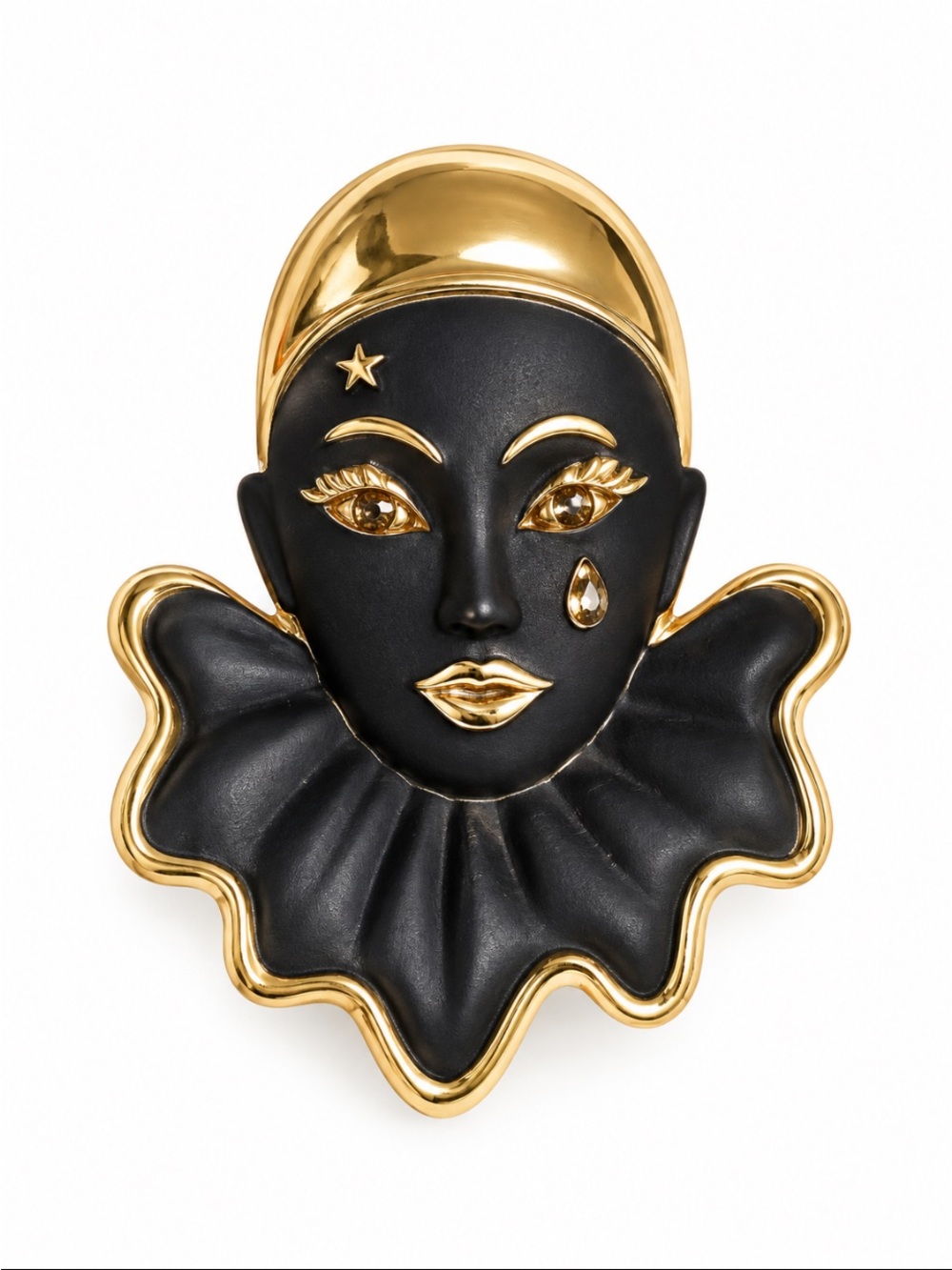 Vintage Harlequin Jester Crying Clown Matte & Metallic Gold Finish Brooch